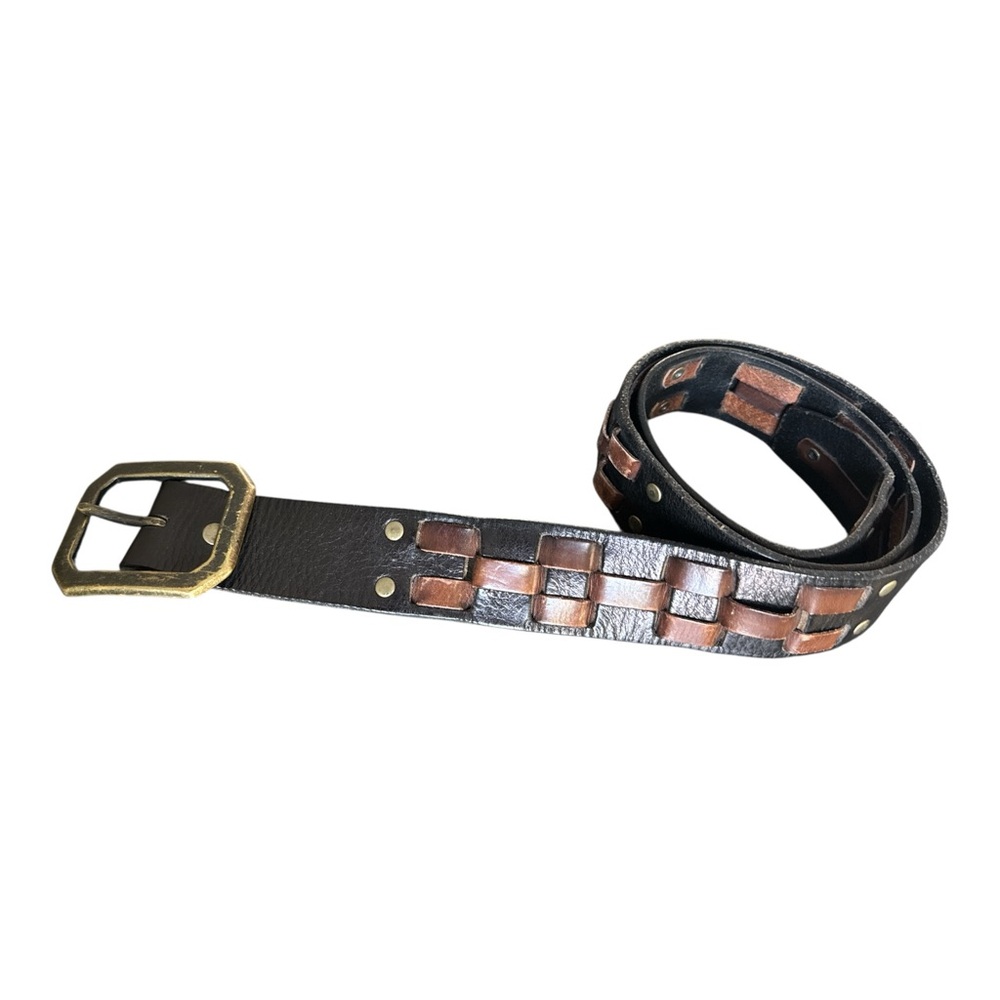 Linea Pelle Vintage Style Leather Belt‎ Two-Tone Woven Brass Buckle Size 36